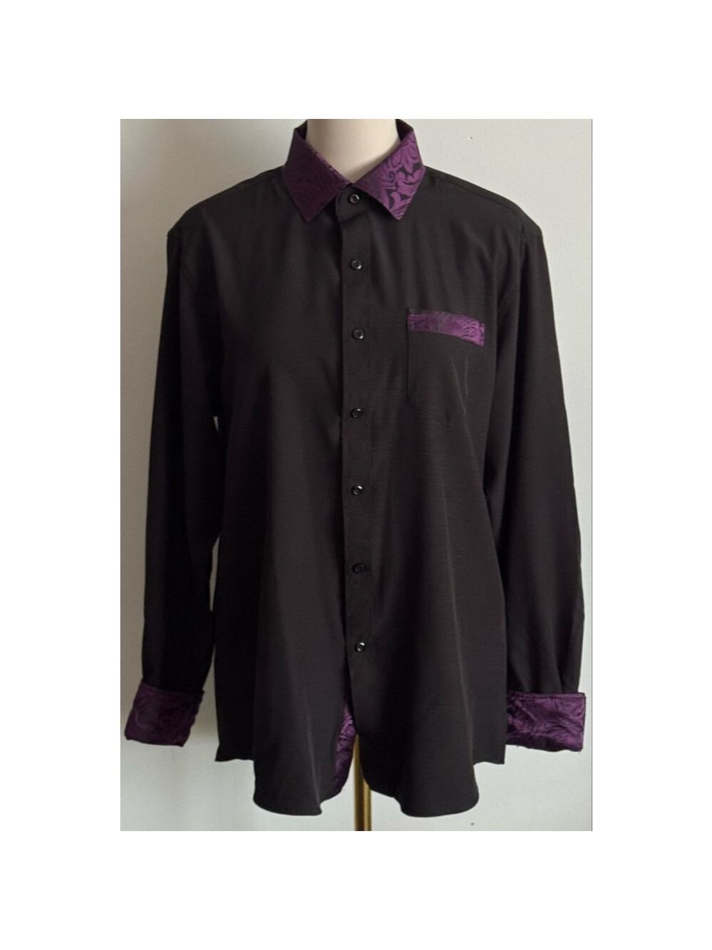 Men's DiBanGu Casual Button Down Shirt M Black with Purple Accents